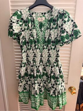 Anthropologie Green, Navy, and White Mini Dress